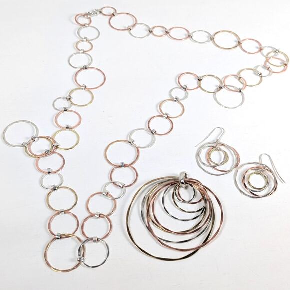 RLM Studio 925 Sterling Tri-Metal Round Link Necklace Pendant Earring Set *READ - Picture 1 of 10
